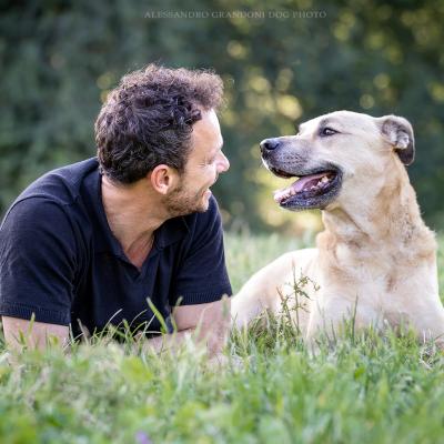 Ragazzo E Cane Beige Si Guardano